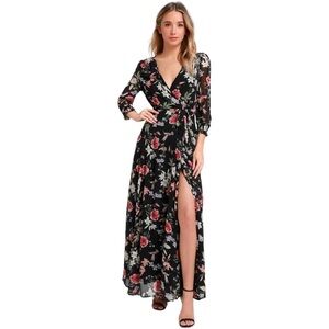 Lulu’s Awakened Floral Hummingbird Lined Chiffon Sash Belt Wrap Maxi Dre…